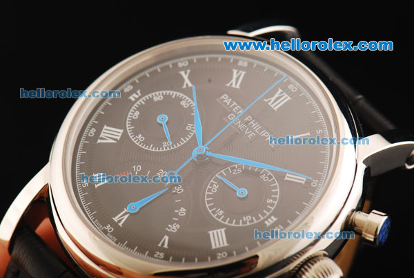 Patek Philippe Chronograph Swiss Valjoux 7750 Manual Winding Movement Steel Case with Black Dial and Black Leather Strap - Click Image to Close